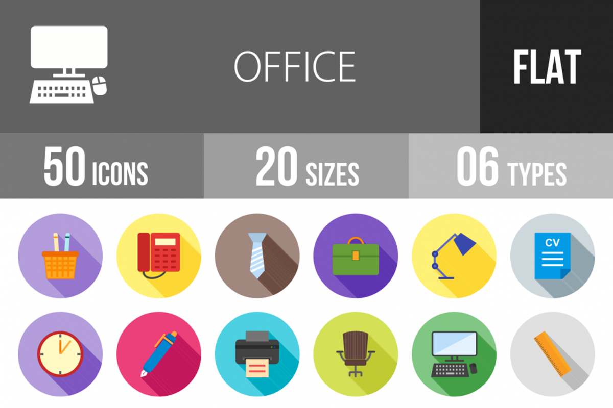 50 Office Flat Long Shadow Icons example image 1