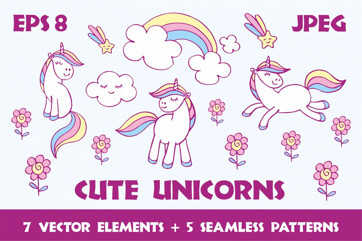 Cute unicorns. Vector elements and patterns. example image 1