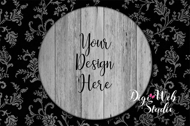 Wood Sign Mockup - Gray Round Wood Sign on Damask example image 1