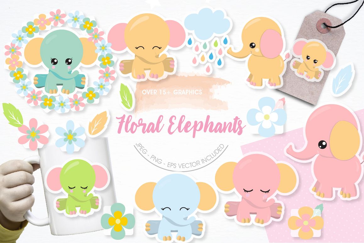 Floral Elephants graphics and illustrations example image 1