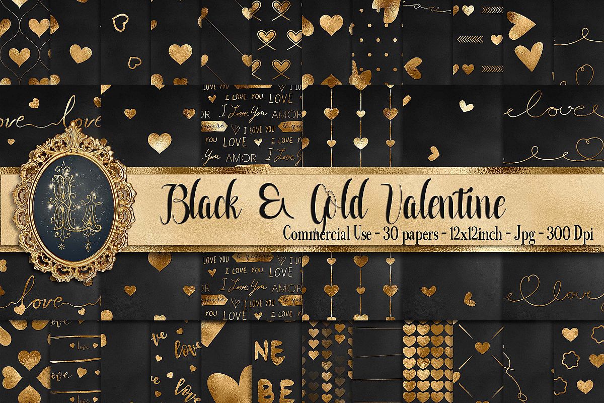 30 Black and Gold Valentine Love Heart Digital Papers Card example image 1