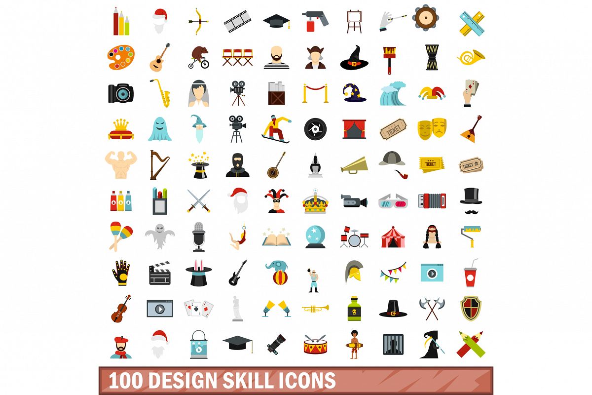 100 design skill icons set, flat style example image 1