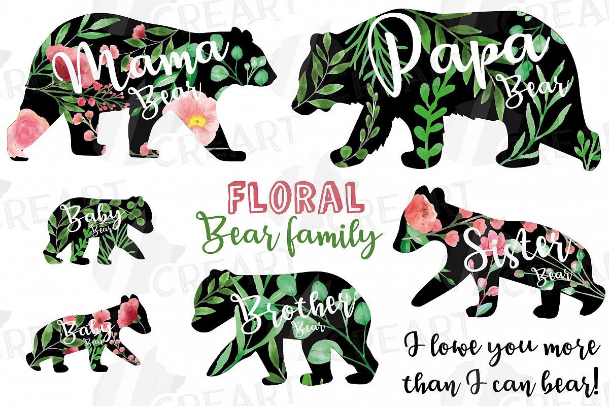 Floral bear family, sister, brother, baby, papa and mama example image 1