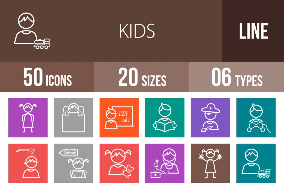 50 Kids Line Multicolor B/G Icons example image 1