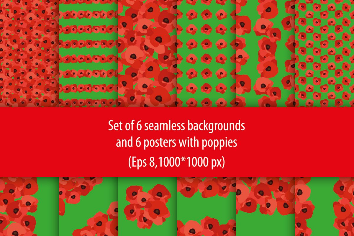 Set of 6 seamless vector backgrounds and 6 cards with decorative red poppies. example image 1