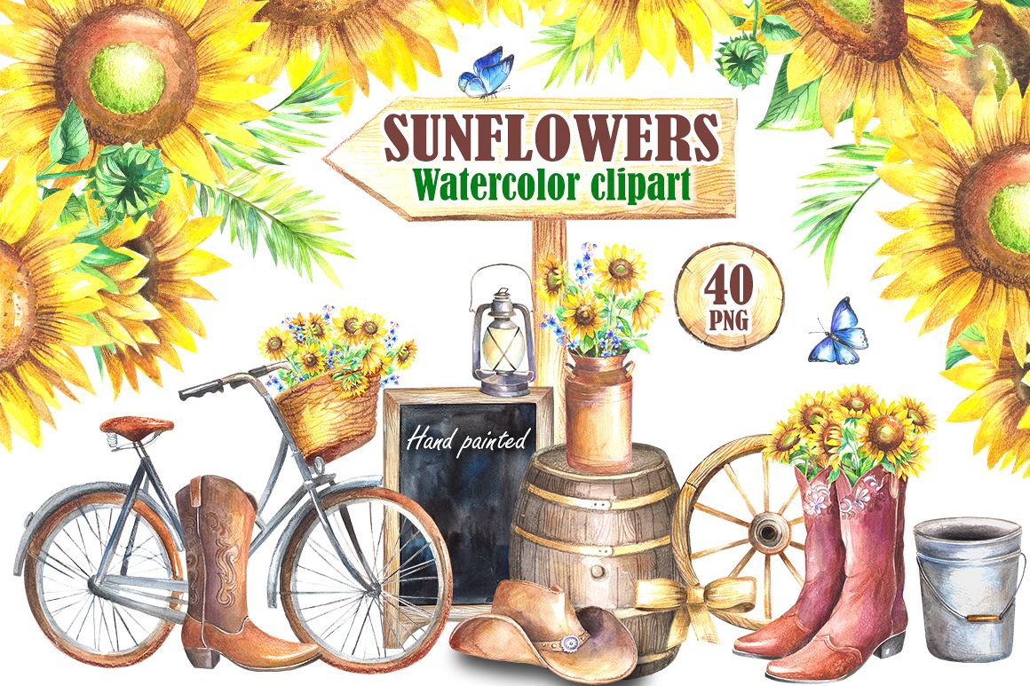 Sunflowers watercolor clipart example image 1