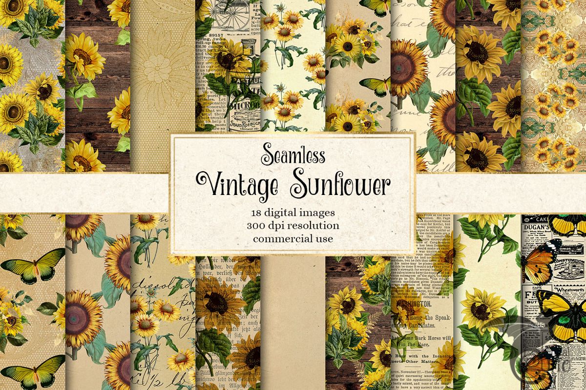 Download Vintage Sunflower Digital Paper (291008) | Patterns ...