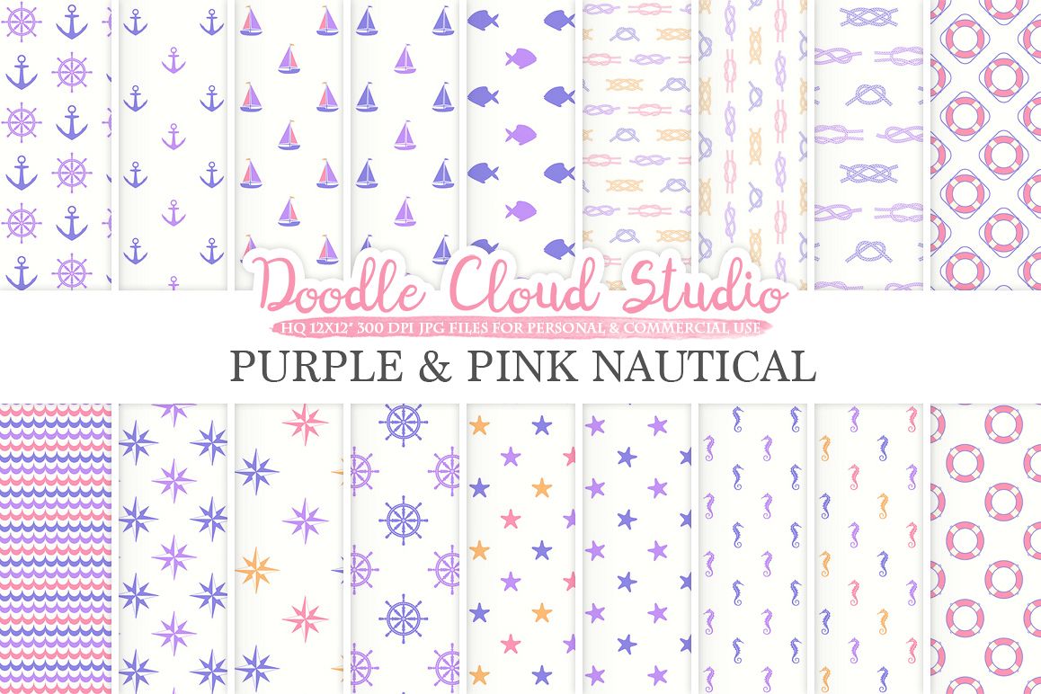 Purple and Pink Nautical digital paper Orange Seal patterns Ocean Steering wheel Sea waves Anchor background Personal & Commercial Use example image 1