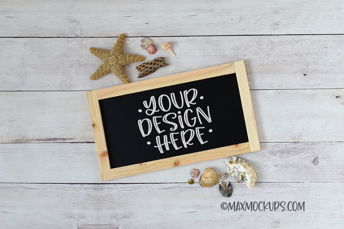Chalkboard sign mockup, framed rectangular, with seashells example image 1