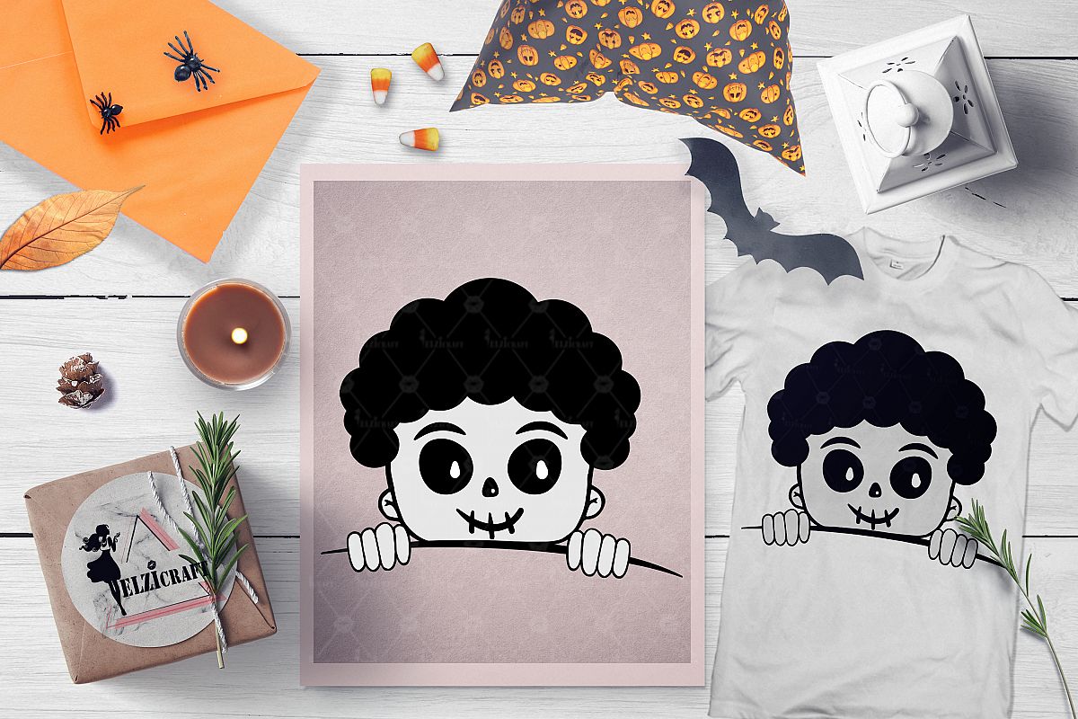 Halloween Afro Peeking Skeleton Boy Face SVG Cut File example image 1