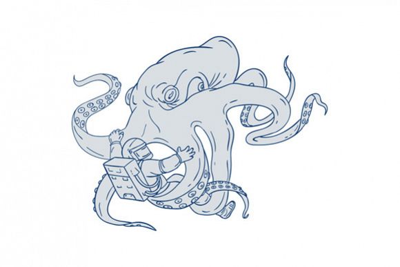 Giant Octopus Fighting Astronaut Drawing example image 1