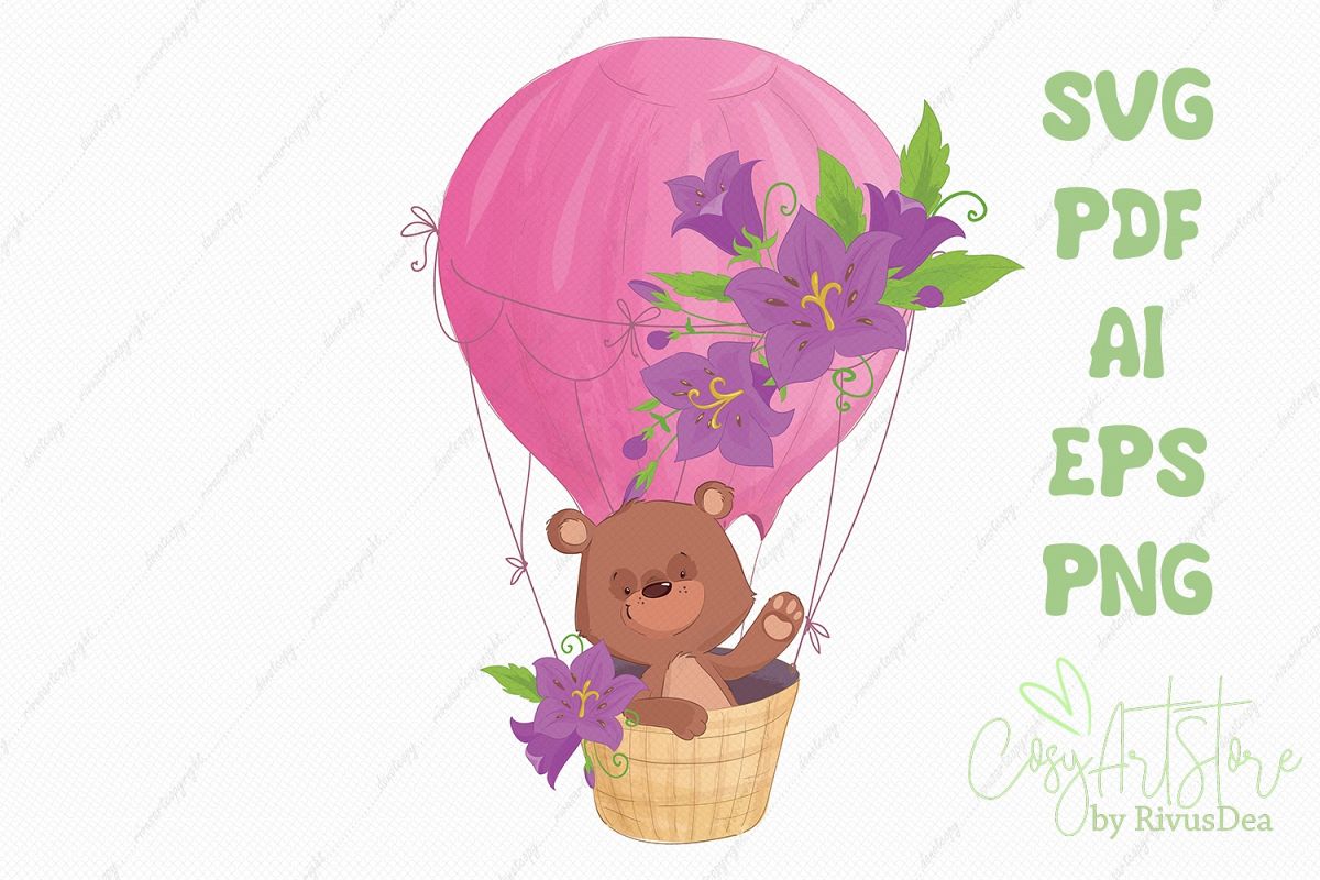Teddy bear flying on a Hot air balloon SVG vector clipart example image 1