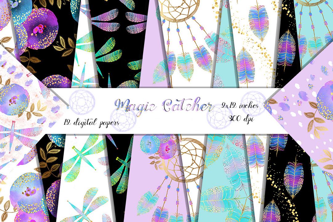 Dream catcher digital papers instant download. Feathers digital paper with gold confetti, flowers, dragonflies, Gold paint papers. 12x12 example image 1