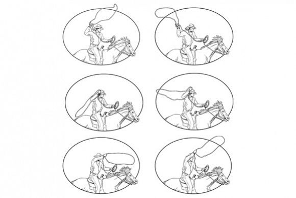Cowboy Lasso Riding Horse Drawing Collection Set example image 1