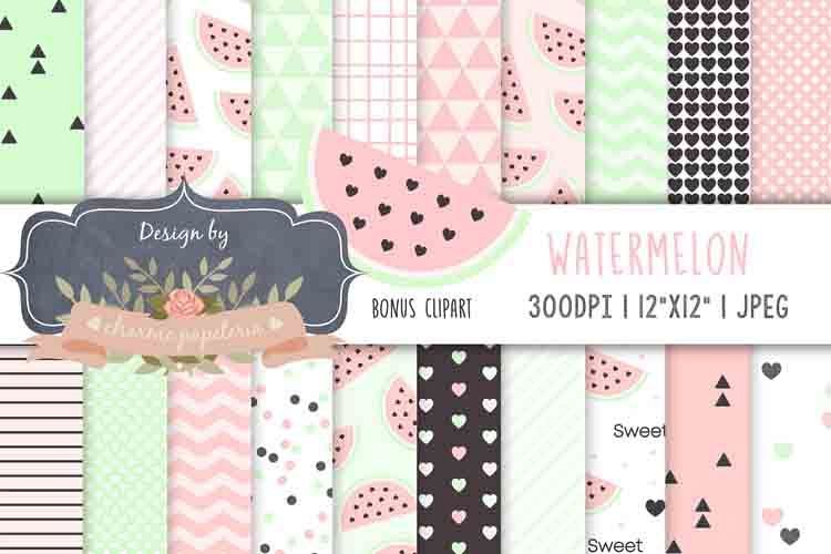 Watermelon Pastel digital papers, fruits paper, aqua pink example image 1