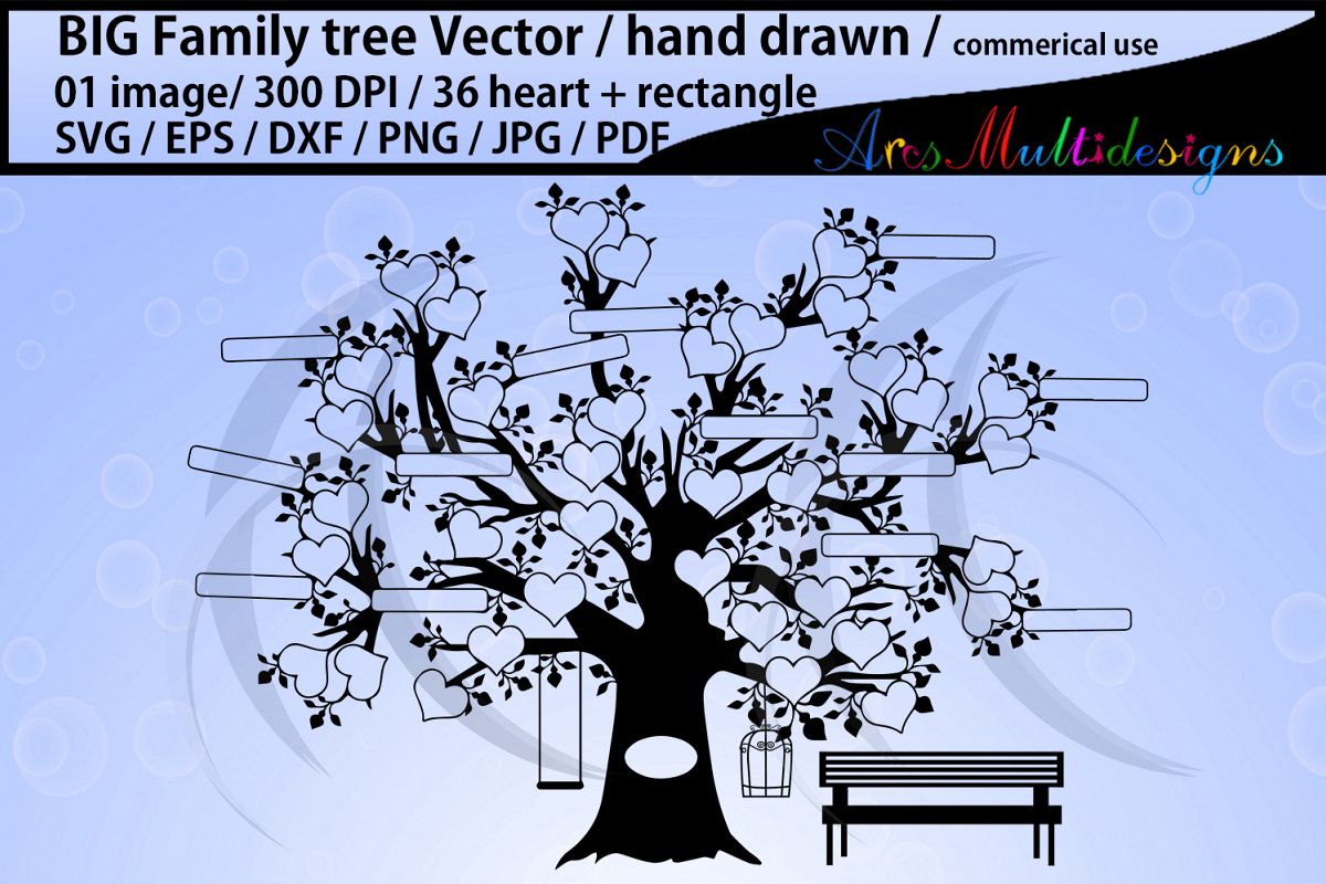 36 hearts Big family tree clipart with added rectangle example image 1