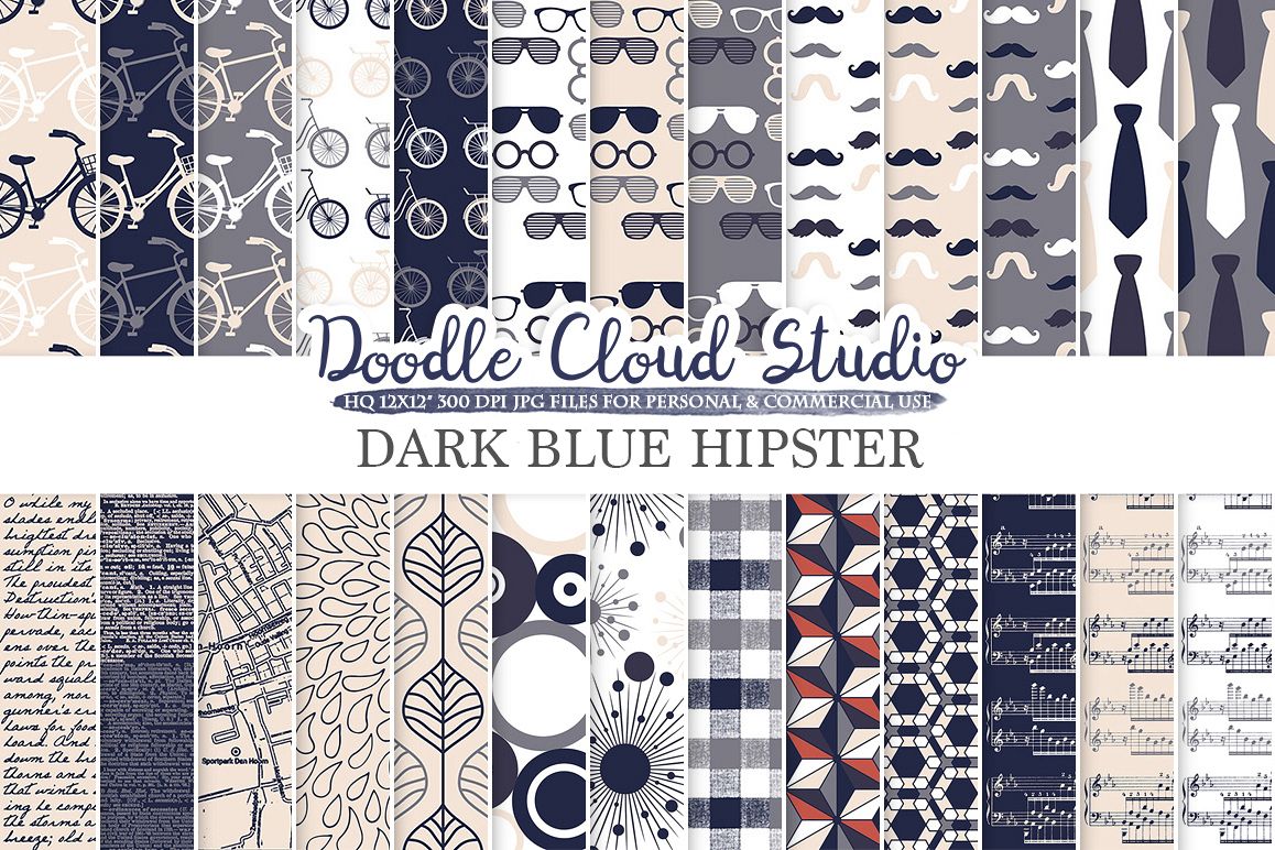 Navy Blue Cream Gray Hipster digital paper, Vintage Father's day tie mustaches bikes music glasses plaid patterns, Personal & Commercial Use example image 1
