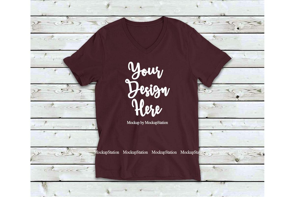 Maroon Shirt Mock Up, Bella Canvas 3005 V-Neck Tshirt Mockup example image 1