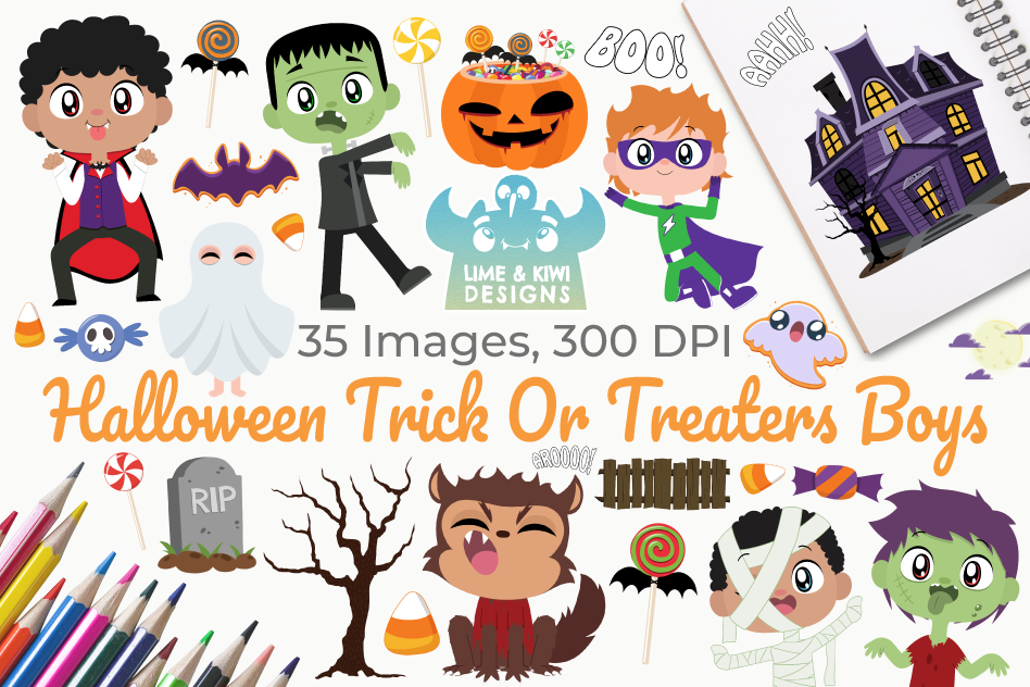 Halloween Trick Or Treaters Boys Clipart, Instant Download example image 1