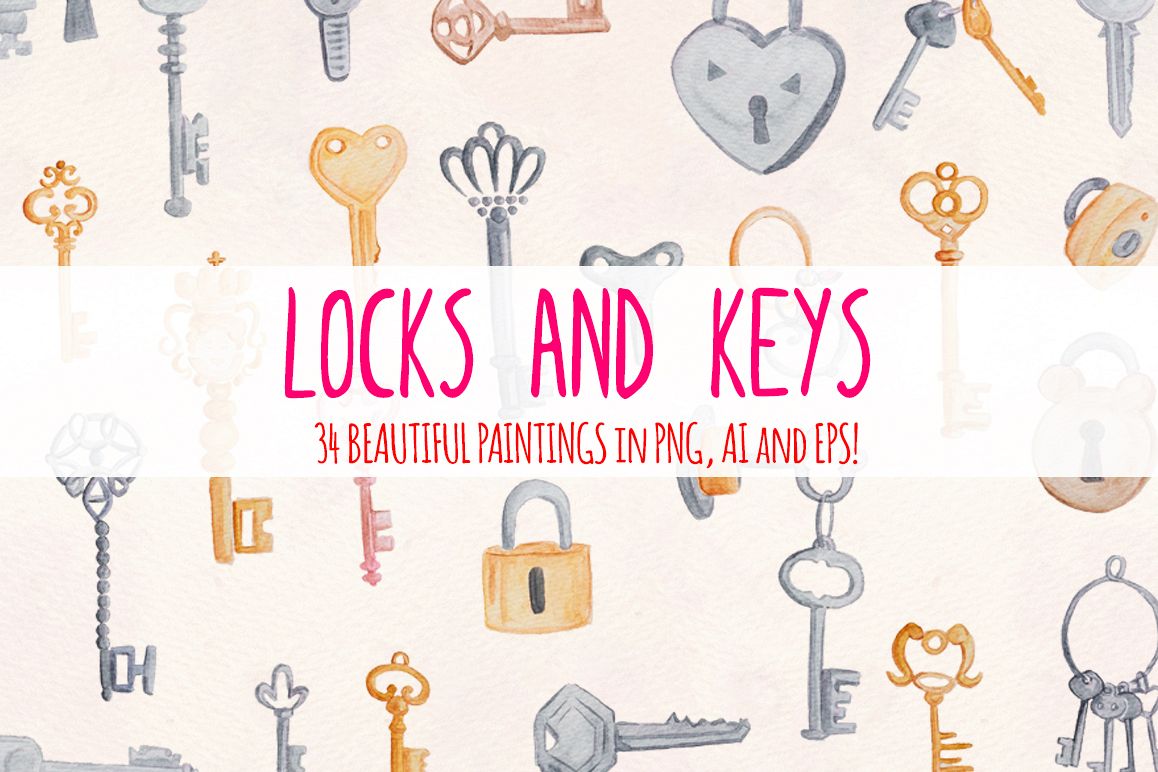 Locks and Keys 34 Watercolor Graphics Kit example image 1