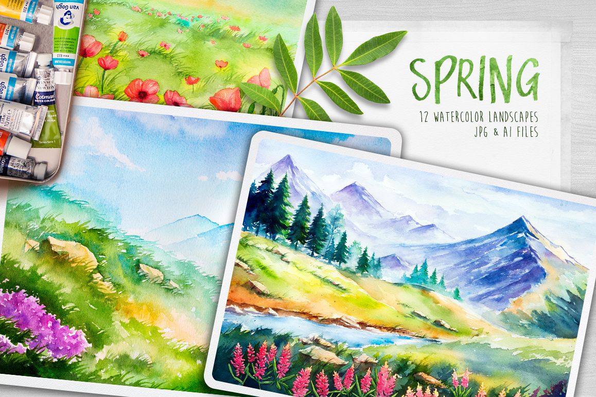 Spring Landscapes. Watercolor. example image 1