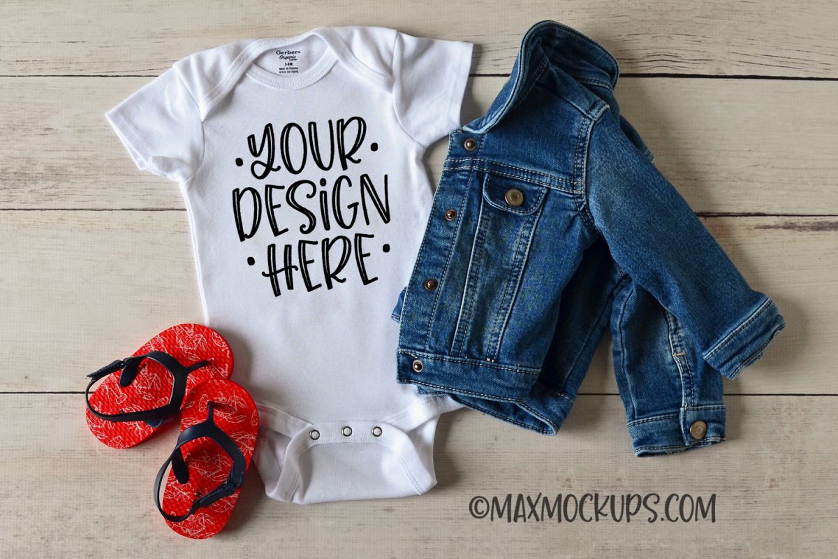 White baby bodysuit mockup with jeans jacket and flipflops example image 1