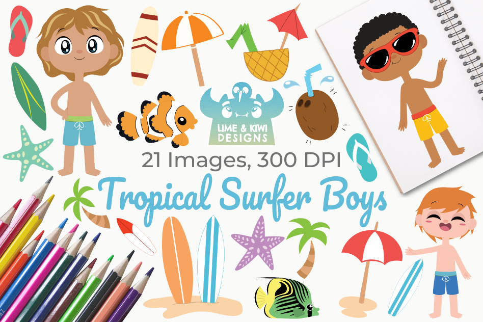 Tropical Surfer Boys Clipart, Instant Download Vector Art example image 1