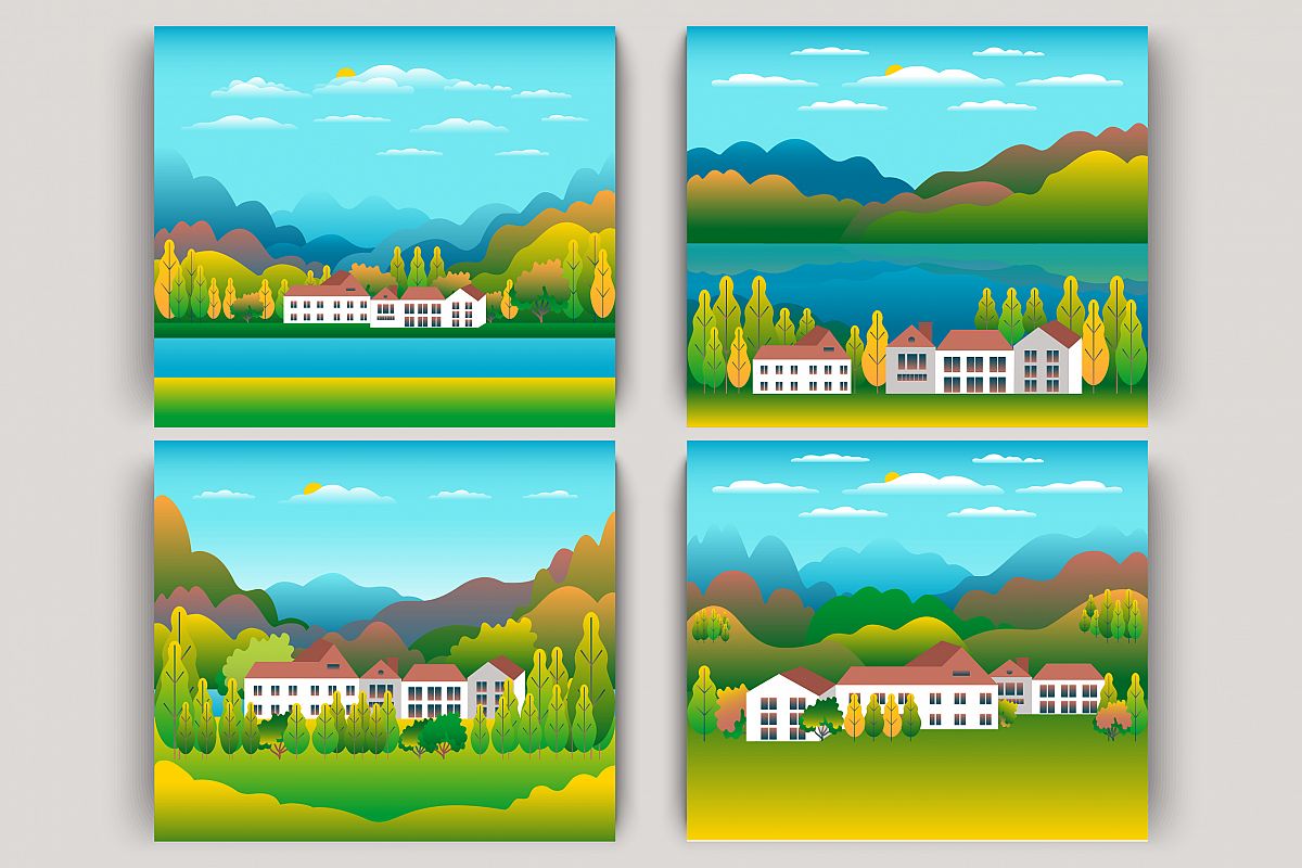 Hills, mountains and farm countryside landscape illustration example image 1