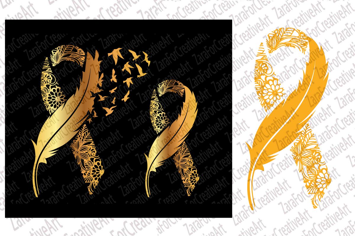 Download Childhood Cancer svg gold Ribbon Feather and Birds SVG