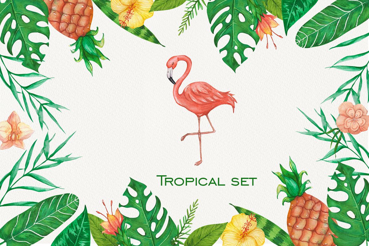 Tropical set of watercolor elements with flamingo example image 1