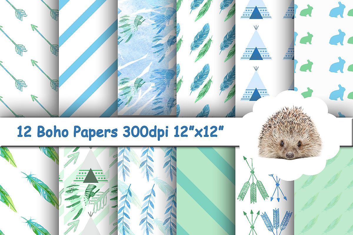 12 Blue and Green Boho Patterned Papers / Backgrounds example image 1