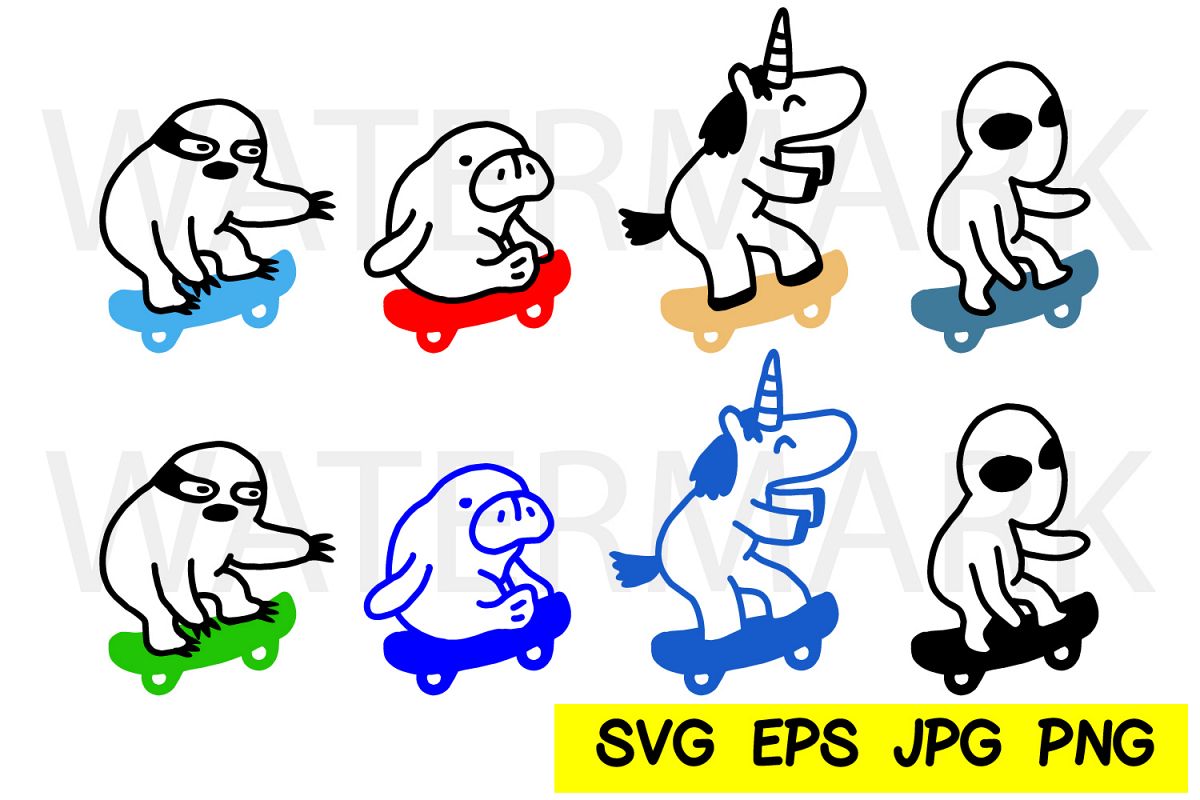 Sloth Unicorn Manatee Alien on Skate- SVG-EPS-JPG-PN example image 1