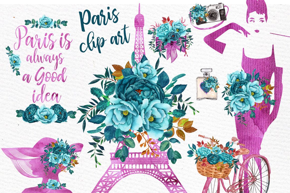 Paris Watercolor clipart WATERCOLOR FLOWERS Eiffel tower example image 1