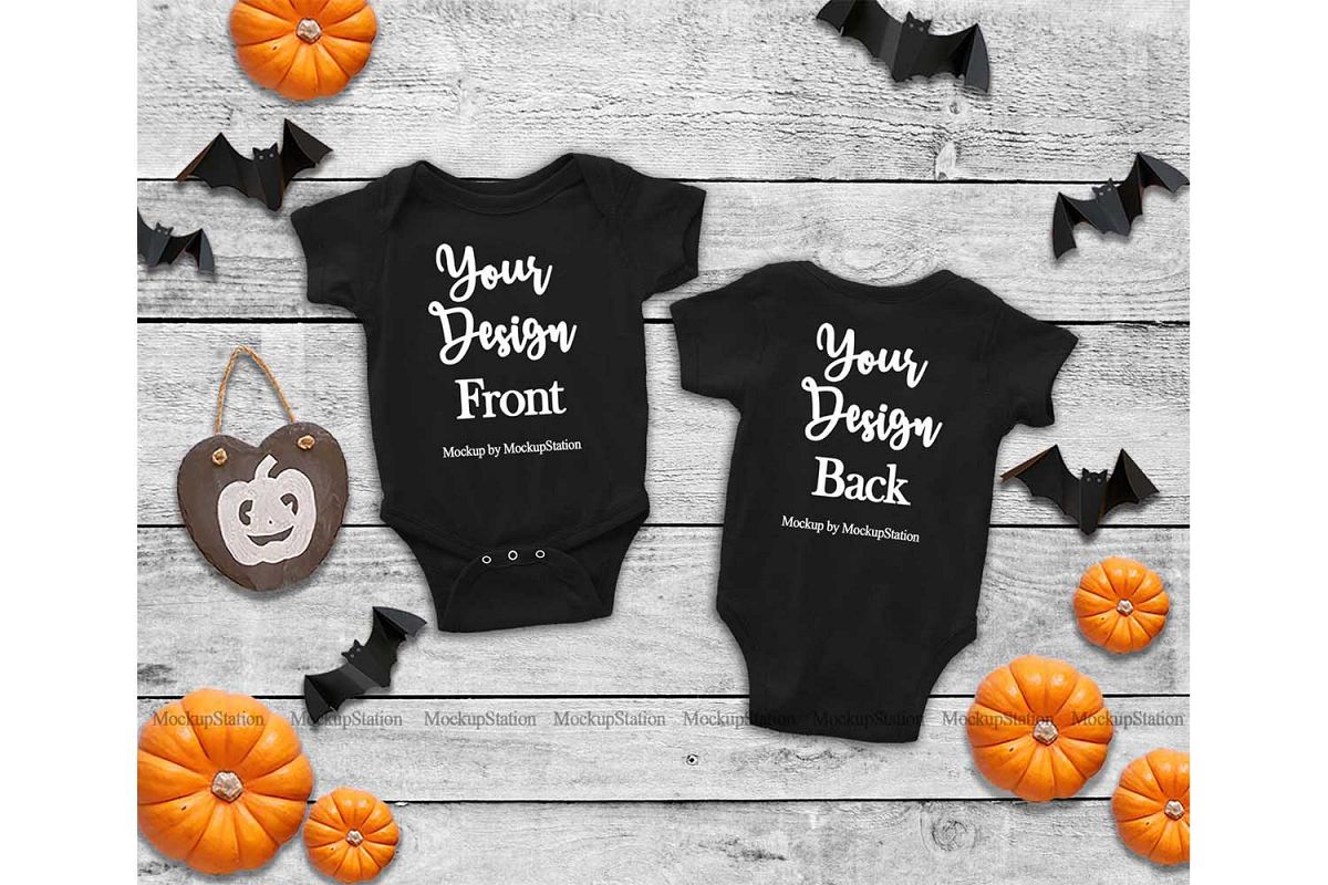 Baby Front & Back Black Bodysuit Mockup, Halloween Mock Up example image 1