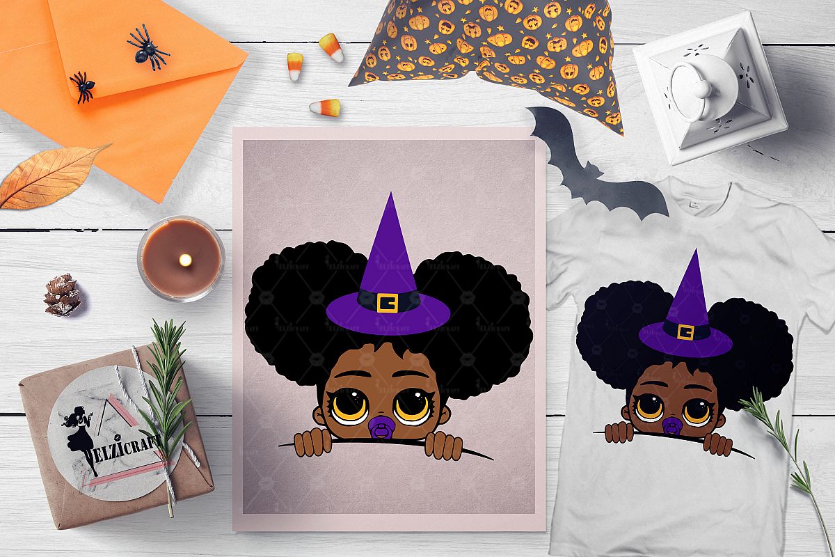 Halloween Peeking Witch Afro Baby Girl SVG Cut File example image 1