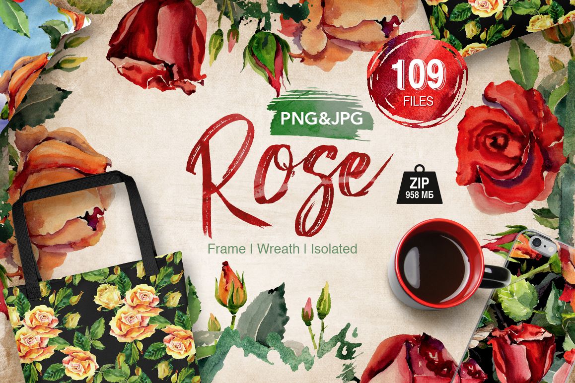 Roses flowers PNG watercolor set example image 1