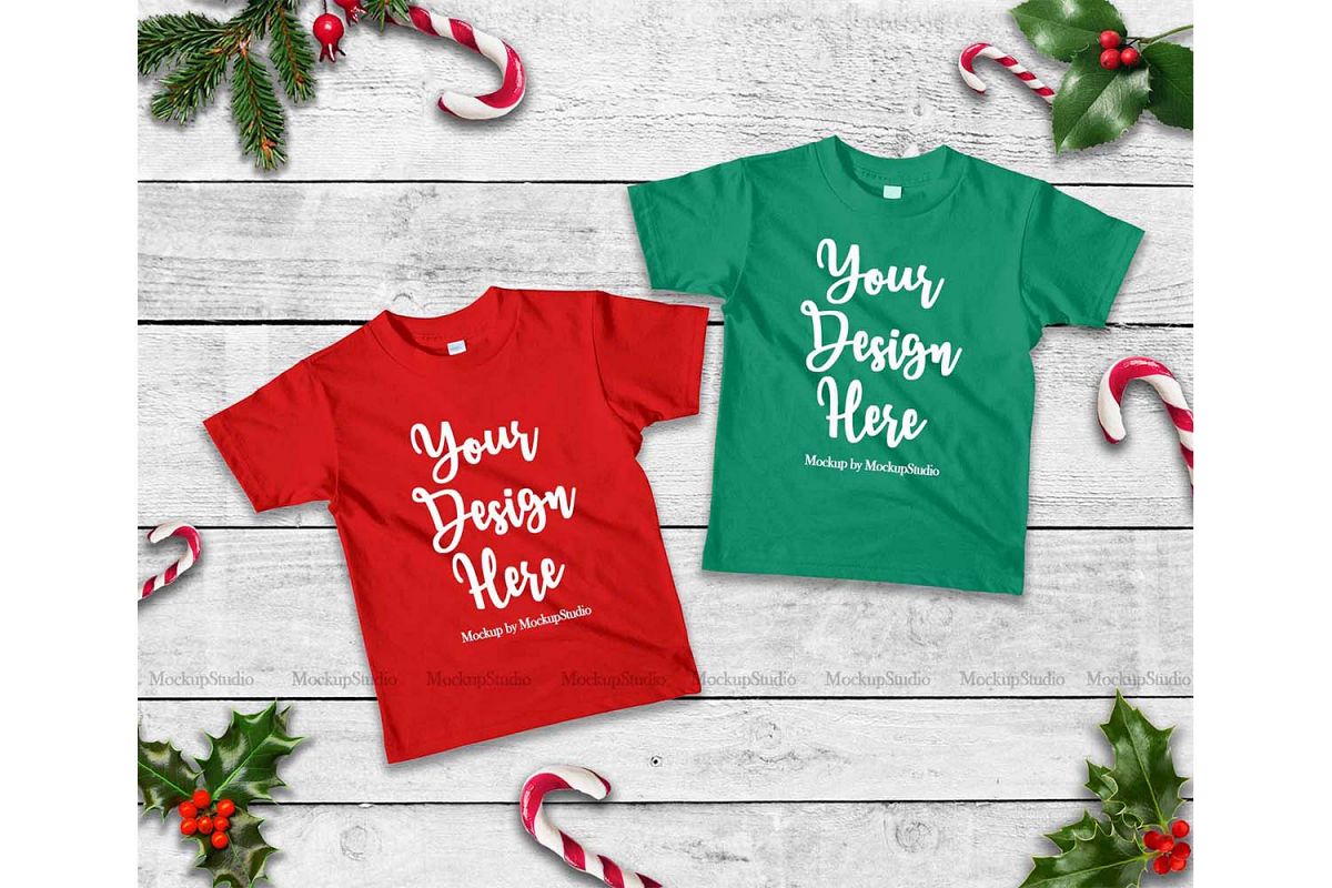 Download Matching Christmas Kids Red and Kelly Green Shirts Mock Up