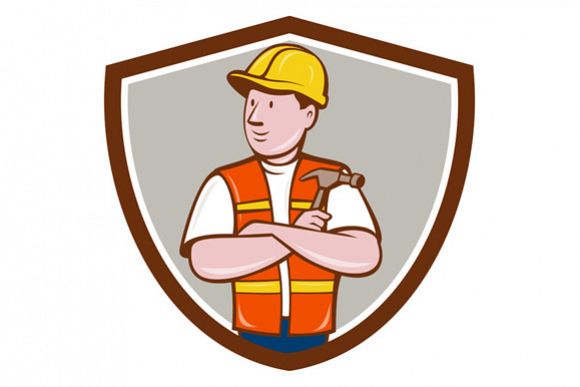 Builder Carpenter Folded Arms Hammer Crest Cartoon example image 1