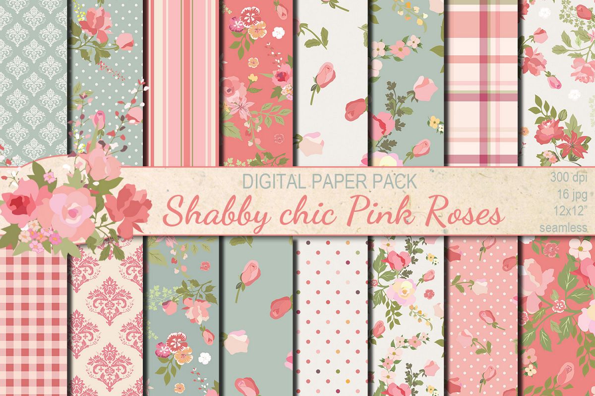 Shabby chic pink roses seamless digital paper pack example image 1