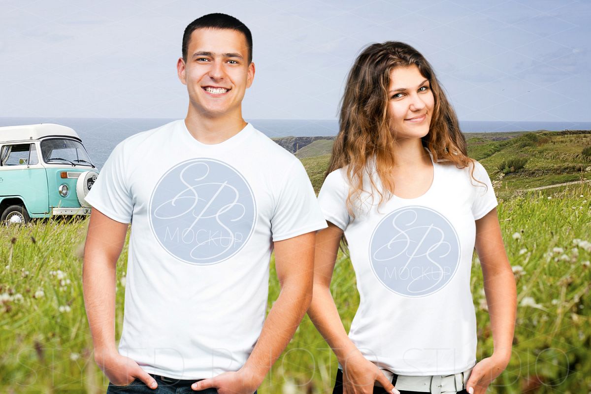 Couples tShirt Mockup with Hippy Bus jpg example image 1