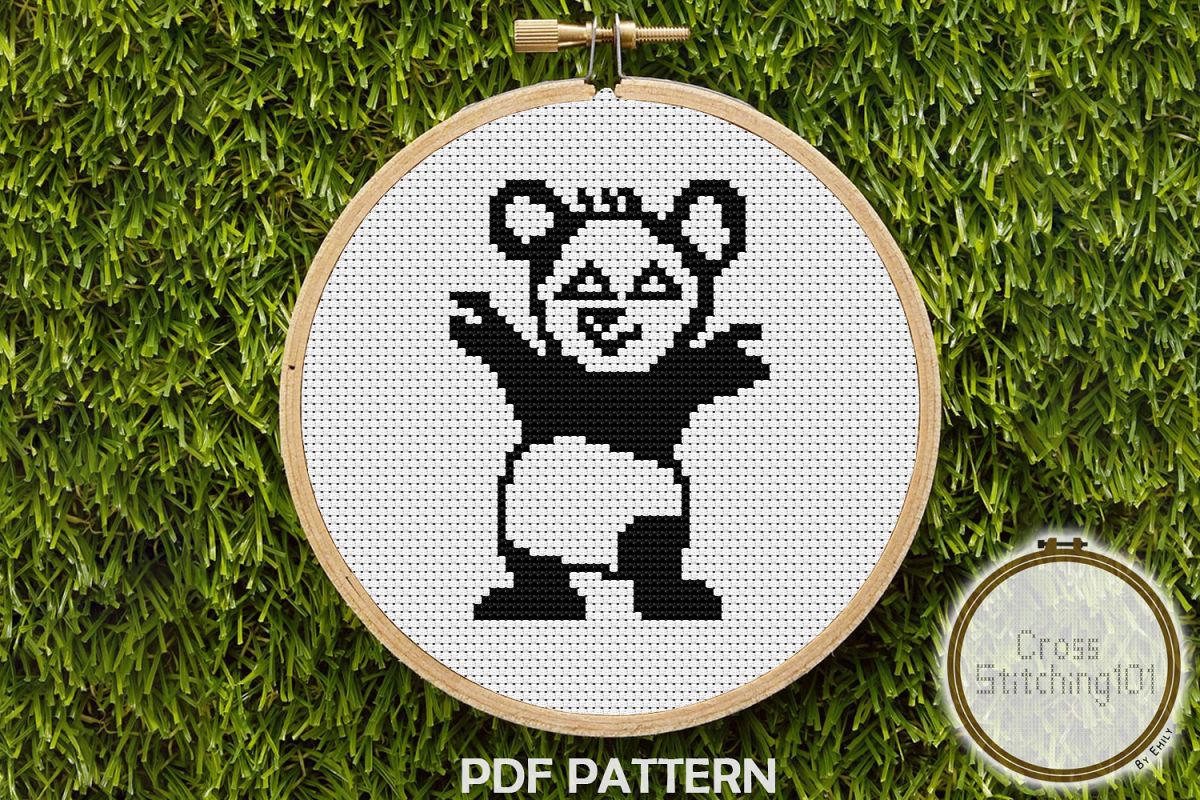 Black and White Cartoon Panda Cross Stitch Pattern PDF example image 1