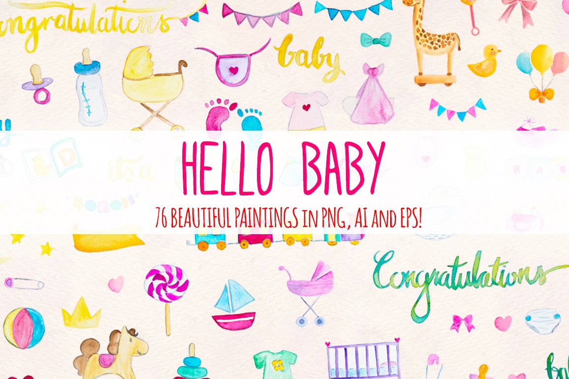Hello Baby 76 New Baby Watercolor Elements example image 1