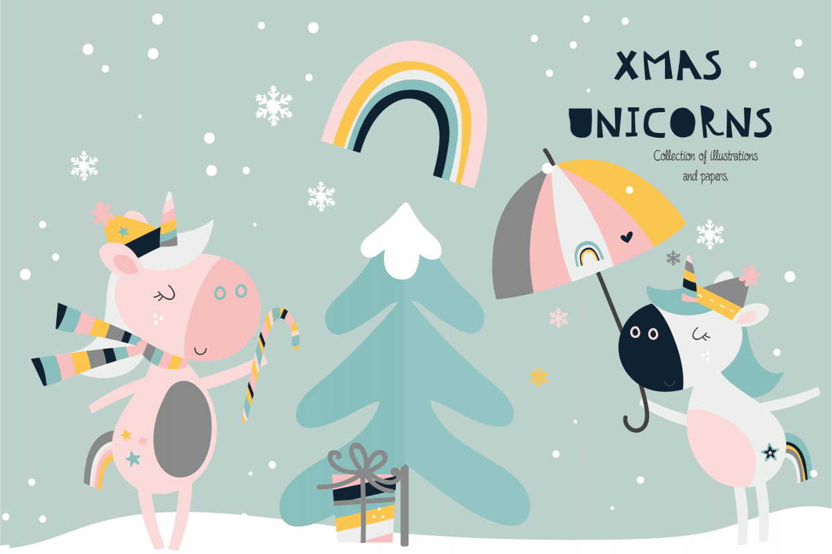 Xmas Unicorns clipart and paper set example image 1
