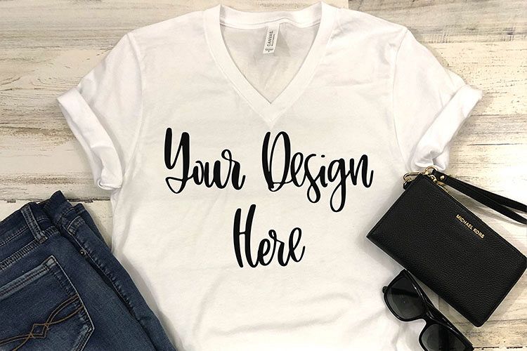 Bella 3005 White V-Neck Shirt Mockup Photo - Flatlay Photo example image 1