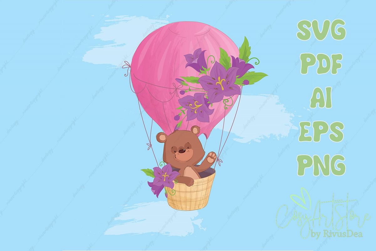 Teddy bear flying on a Hot air balloon SVG background example image 1