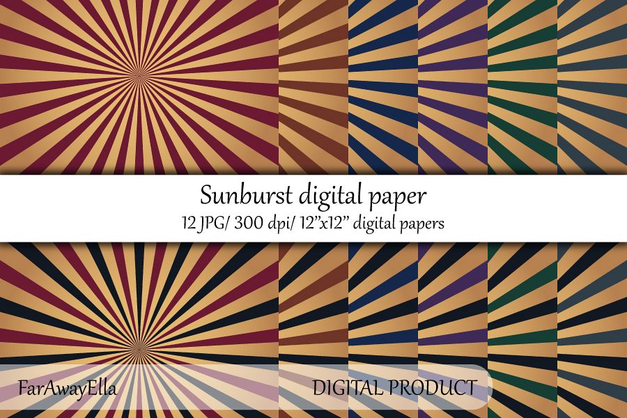Vintage sunburst digital paper pack | 12 JPG digital papers example image 1