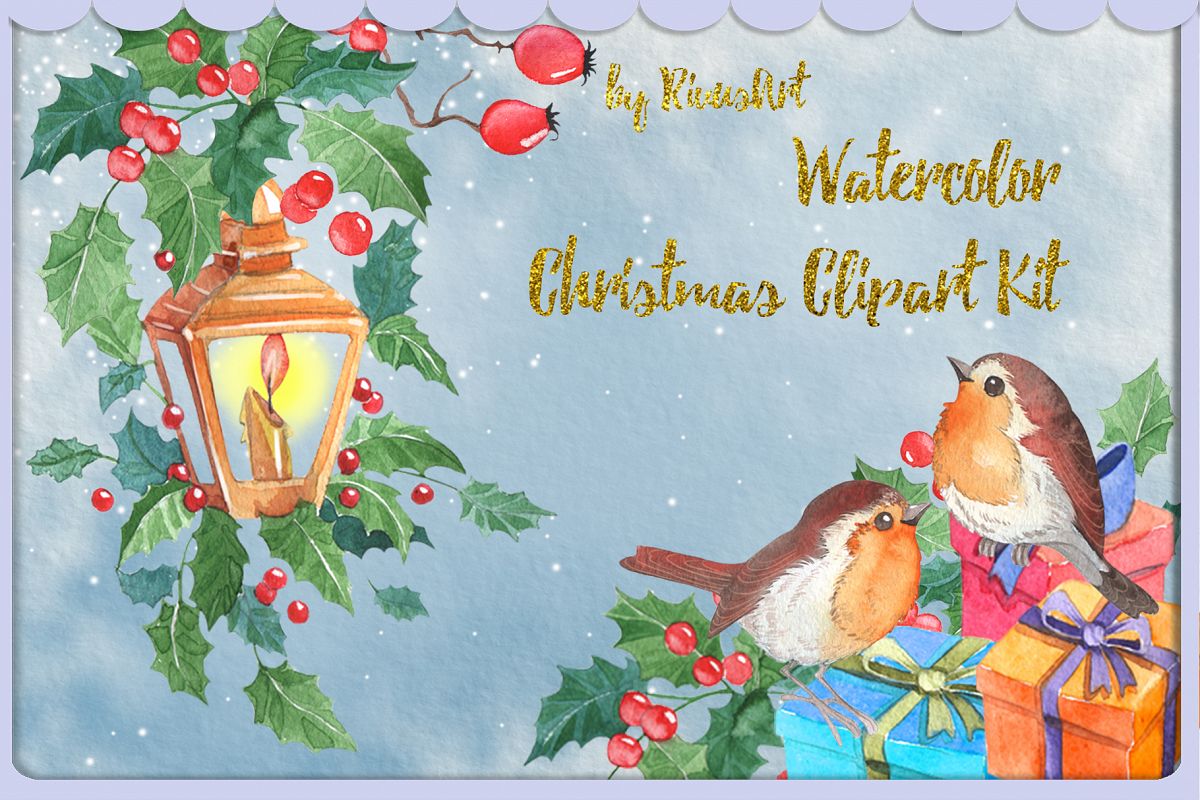 Watercolor Christmas clipart set example image 1