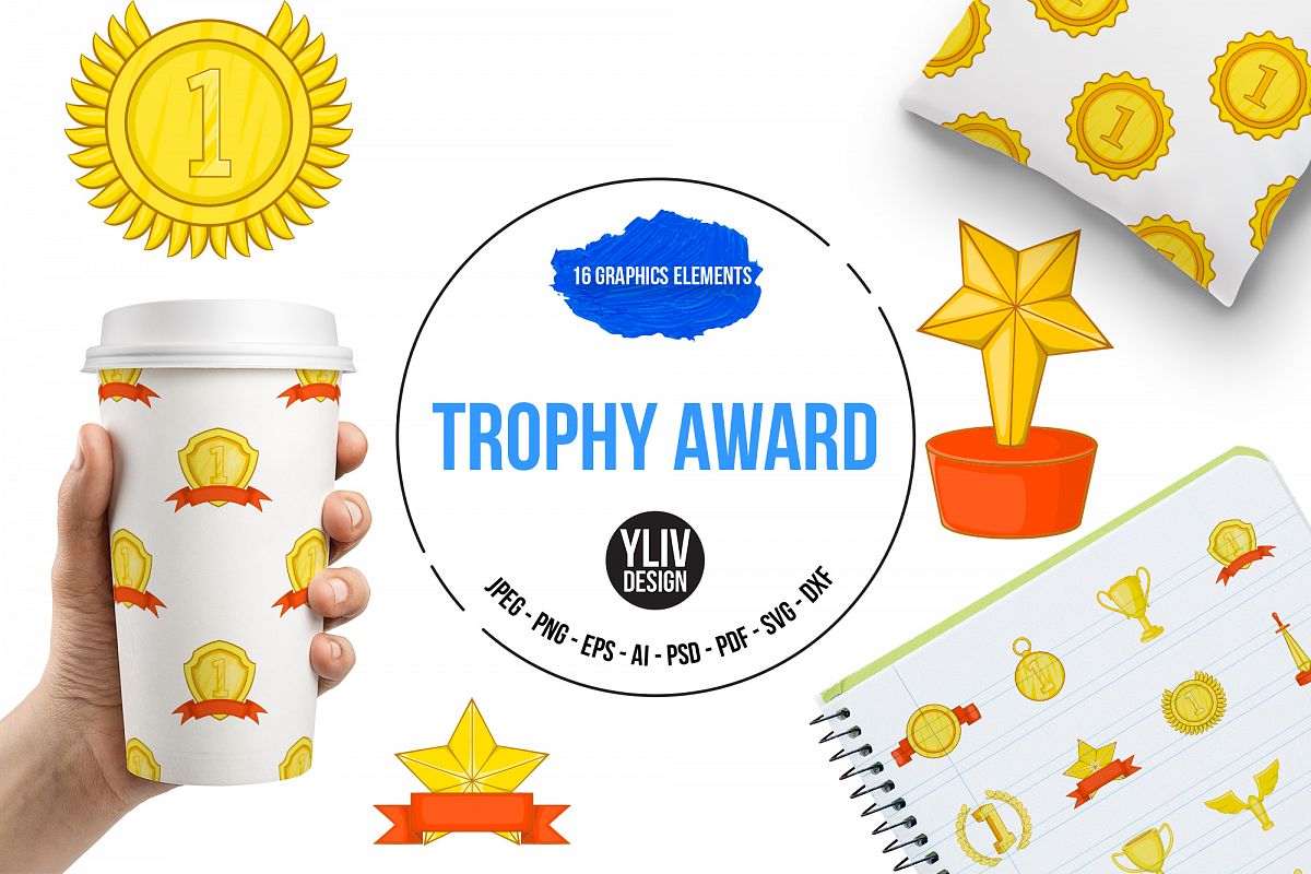 Trophy award icons set, in cartoon style example image 1