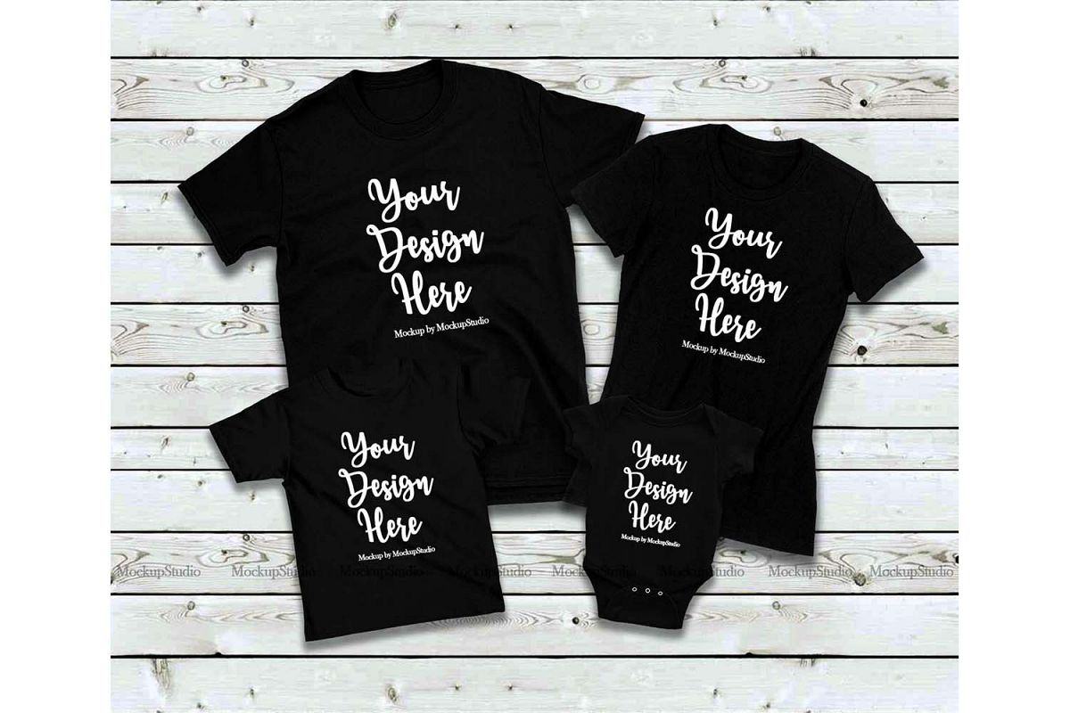 Download Matching Family 4 Black T-Shirts Mockup, Parents Kids Set (184746) | Mock Ups | Design Bundles