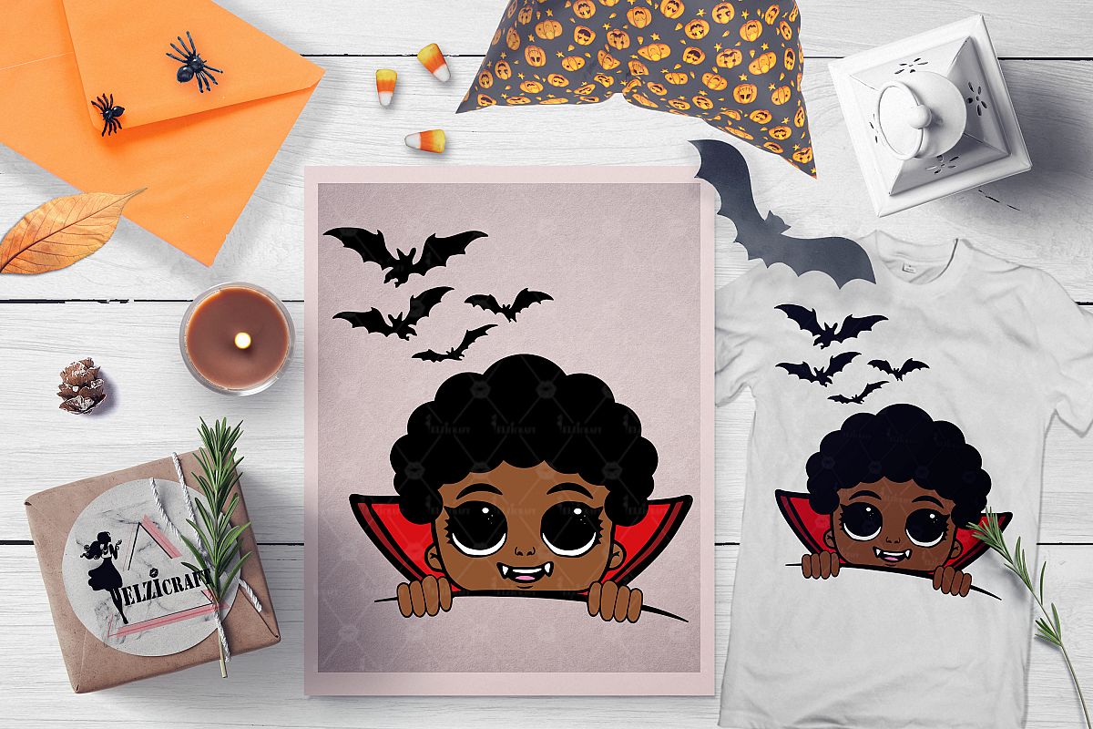 Halloween Afro Peeking Vampire Boy Bats SVG Cut File example image 1